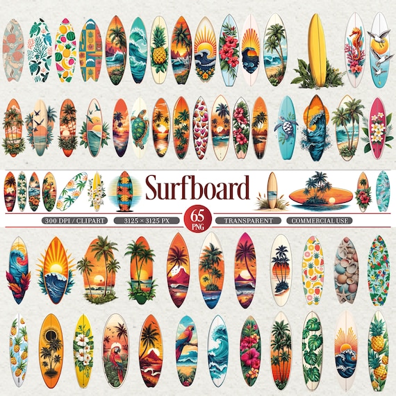 Tropical Surfboard Clipart Bundle PNG 300 DPI