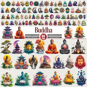 May include: A collection of 95 PNG images featuring various depictions of Buddha in different poses and settings. The images showcase vibrant colors and intricate details, with the word "Buddha" prominently displayed. The images are for commercial use and are transparent.