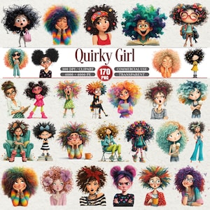 Peut inclure: Une collection d'art num&eacute;rique pr&eacute;sentant des illustrations de filles aux cheveux boucl&eacute;s et vibrants. Les images pr&eacute;sentent une vari&eacute;t&eacute; de styles, de tenues et d'expressions. Le texte "Quirky Girl" est affich&eacute;, ainsi que des d&eacute;tails sur la r&eacute;solution et les droits d'utilisation de l'image.