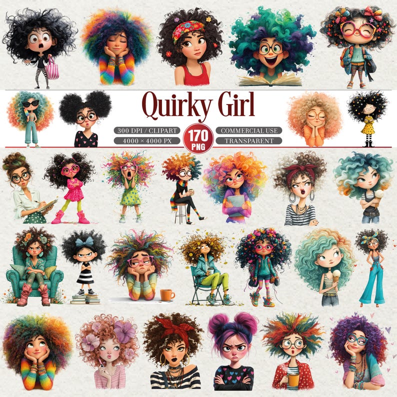 Peut inclure: Une collection d'art num&eacute;rique pr&eacute;sentant des illustrations de filles aux cheveux boucl&eacute;s et vibrants. Les images pr&eacute;sentent une vari&eacute;t&eacute; de styles, de tenues et d'expressions. Le texte "Quirky Girl" est affich&eacute;, ainsi que des d&eacute;tails sur la r&eacute;solution et les droits d'utilisation de l'image.
