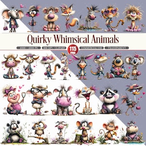 May include: A digital collection of 115 cartoon animal illustrations titled Quirky Whimsical Animals, featuring various creatures like elephants, foxes, and zebras in colourful outfits, presented as a 4000 x 4000 px transparent PNG set.