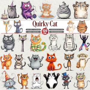 May include: A collection of 20 whimsical cat illustrations in various poses and expressions. The artwork features a variety of colors and styles, with the text "Quirky Cat" and other details.