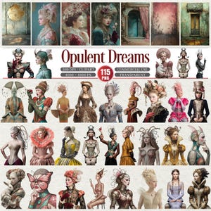 Könnte beinhalten: Eine digitale Kunstsammlung mit dem Titel "Opulent Dreams" mit 115 PNG-Bildern. Die Bilder zeigen Porträts von Frauen in aufwendigen historischen Kostümen und Accessoires. Die Farbpalette umfasst Pastelltöne, Juwelfarben und metallische Akzente, mit Fokus auf komplizierte Details.