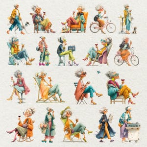 May include: Watercolor illustrations of stylish elderly women in various poses. The women are depicted with gray hair, glasses, and fashionable outfits, enjoying leisure activities like drinking wine, riding bikes, and listening to music. The overall theme is one of elegance and relaxation.