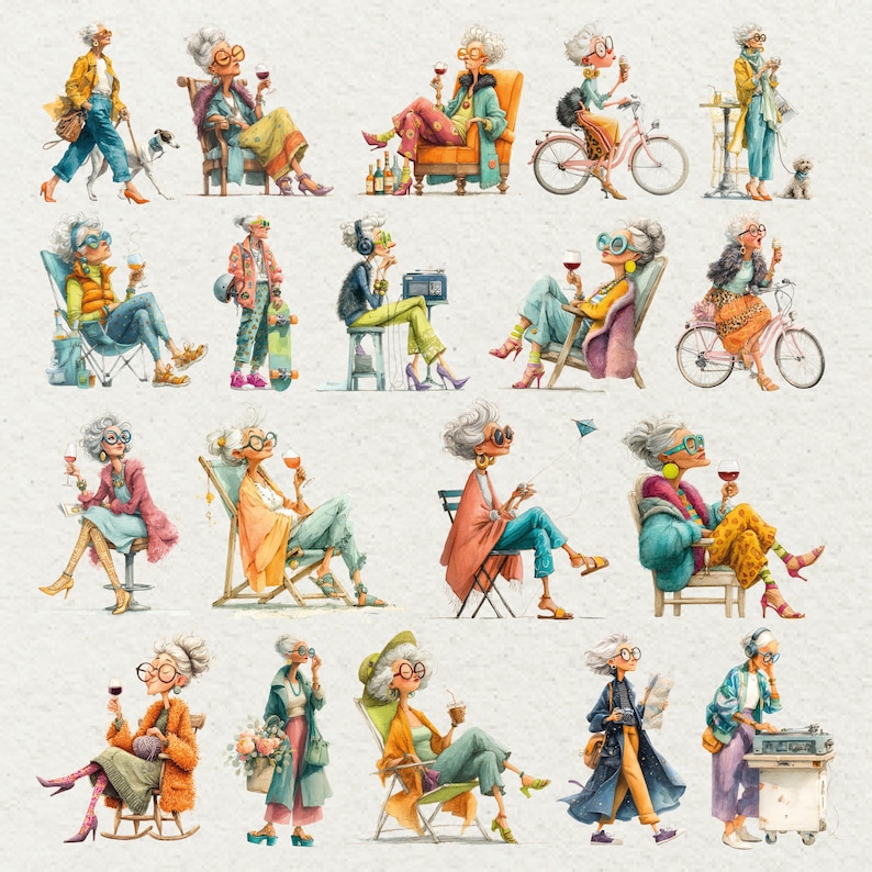 May include: Watercolor illustrations of stylish elderly women in various poses. The women are depicted with gray hair, glasses, and fashionable outfits, enjoying leisure activities like drinking wine, riding bikes, and listening to music. The overall theme is one of elegance and relaxation.