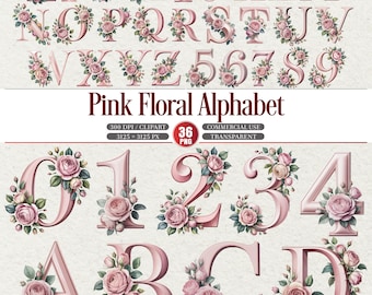Pink Floral Alphabet Clipart Set PNG Letters Numbers