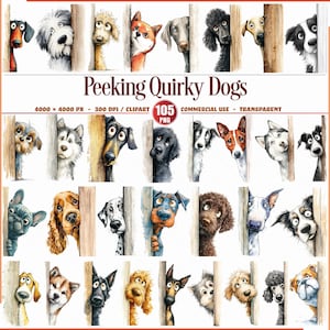 Könnte beinhalten: Aquarell-Illustration mit einer Sammlung skurriler Hunde, die hinter Holzpfosten hervorlugen. Die Hunde verschiedener Rassen und Farben haben ausdrucksstarke Augen und verspielte Posen. Der Text "Peeking Quirky Dogs" ist über den Bildern zu sehen.