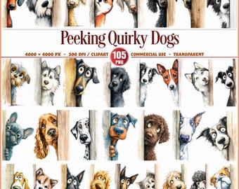 Peeking Quirky Dogs Clipart Bundle Watercolor PNG