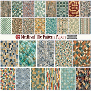 Op de afbeelding: Een collectie van 120 digitale papieren met diverse middeleeuwse tegelpatronen in verschillende kleurenpaletten, waaronder blauw, groen, goud en rood. De afbeelding toont een raster van rechthoekige ontwerpen met geometrische, florale en mozaïekmotieven.