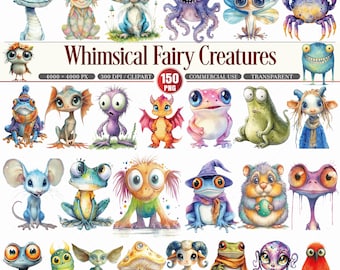 May include: A collection of whimsical fairy creatures in watercolor style. The image features various fantastical beings, including a blue dragon, a purple octopus, and a frog wearing a scarf. The text "Whimsical Fairy Creatures" is displayed.
