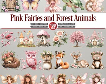Paquete de imágenes prediseñadas de animales del bosque de hadas rosas PNG Conjunto de fantasía