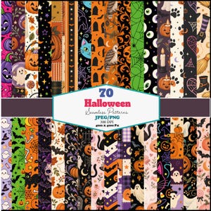 Może przedstawiać: Cyfrowa kolekcja 70 bezszwowych wzorów na Halloween z dyniami, duchami, czarnymi kotami, sowami, czaszkami, pajęczynami, nietoperzami i cukierkami w kolorach pomarańczowym, czarnym, fioletowym i zielonym. Centralny tekst to 70 Halloween Seamless Patterns.