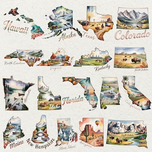 May include: Watercolor illustrations of U.S. states, including Hawaii, Alaska, Texas, and Colorado. Each state is depicted with iconic landmarks and scenery, such as mountains, farms, and coastlines. The names of the states are written in a decorative font.
