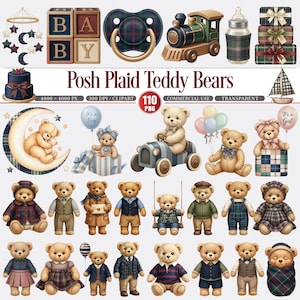 Puede incluir: Una colección de ilustraciones en acuarela con osos de peluche y artículos para bebés. Incluye bloques que deletrean "BABY", un chupete, un tren, un biberón y cajas de regalo. Se muestra la frase "Posh Plaid Teddy Bears".