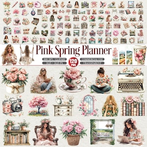 May include: A digital art collection titled "Pink Spring Planner" featuring watercolor illustrations. The image includes various floral elements, books, teacups, cameras, and women. The collection is designed for commercial use and includes 120 PNG files.