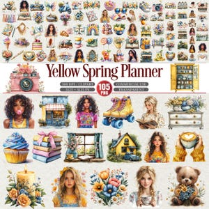 Pode incluir: Uma colagem de arte digital com ilustrações em aquarela de itens com tema de primavera. Inclui uma câmera rosa, patins amarelos, um cupcake, livros, flores e o texto "Yellow Spring Planner". A imagem é rotulada como "300 DPI/CLIPART" e "105 PNG".