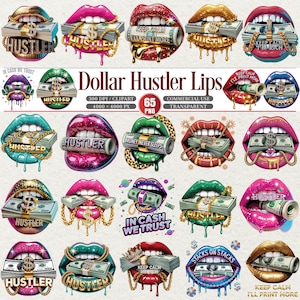 Puede incluir: Ilustraciones de labios coloridos con pilas de billetes, cadenas de oro y textos como "Hustler" e "In Cash We Trust". Las imágenes son vibrantes y presentan varios colores y diseños de labios.