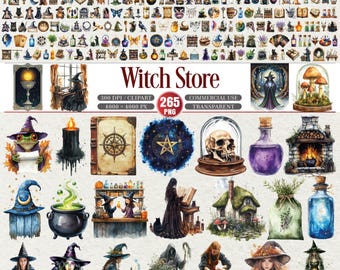 May include: A collection of watercolor illustrations featuring witch-themed items. The images include potions, cauldrons, spell books, witch hats, and a skull in a glass dome. The text "Witch Store" is displayed at the top.