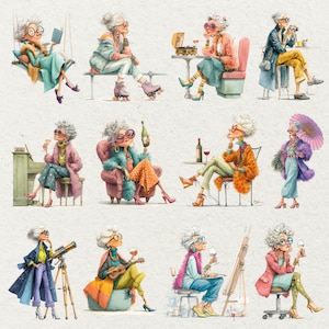 May include: Watercolor illustrations of stylish elderly women engaged in various activities. Depicted are women with gray hair and glasses, enjoying leisure activities such as reading, roller skating, listening to music, and painting. The color palette includes teal, pink, and orange.