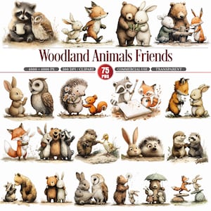 Può includere: Una collezione di illustrazioni ad acquerello con animali del bosco. L'immagine include procioni, volpi, orsi, conigli, gufi, ricci e scoiattoli. Il testo "Woodland Animals Friends" è visualizzato nella parte superiore dell'immagine.
