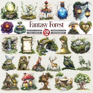 Puede incluir: Una colección de ilustraciones en acuarela con elementos de bosque de fantasía. Incluye un hada, un gato durmiente, una casa de champiñones, un zorro, un ciervo, un unicornio y una variedad de otras criaturas y objetos caprichosos. También se incluye el texto "Fantasy Forest".