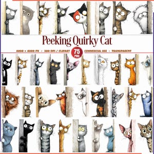 Könnte beinhalten: Eine Sammlung skurriler Katzenillustrationen, die hinter Holzpfosten hervorlugen. Jede Katze hat einen einzigartigen Ausdruck und Farbschema, mit dem Text "Peeking Quirky Cat" oben. Das Bild ist eine PNG-Datei.