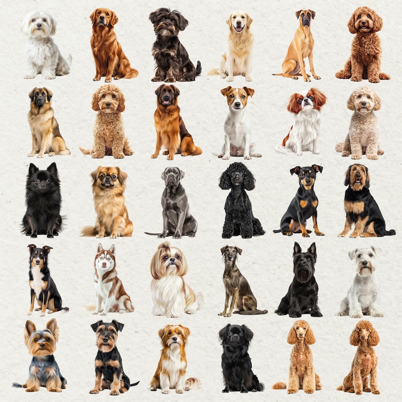 May include: A collection of 25 different dog breeds, each in a full body shot. The dogs vary in size, color, and coat type, including breeds like Golden Retrievers, Poodles, and Huskies. The dogs are all sitting or standing, facing forward.