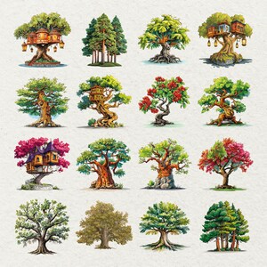 May include: A collection of watercolor illustrations of various trees. The trees feature diverse foliage colors, including green, red, and pink. Some trees have treehouses with lanterns, while others are simple, detailed depictions of different tree species.