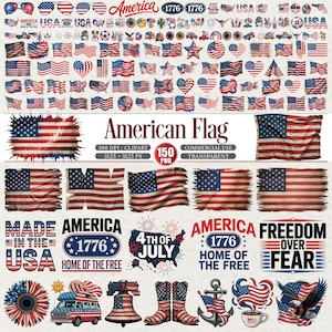 Könnte beinhalten: Eine Sammlung patriotischer amerikanischer Flaggen-Designs und Illustrationen in Rot, Weiß und Blau. Enthält verschiedene Flaggenstile, patriotische Symbole und Textelemente wie "America" und "1776". Ideal für den Unabhängigkeitstag.