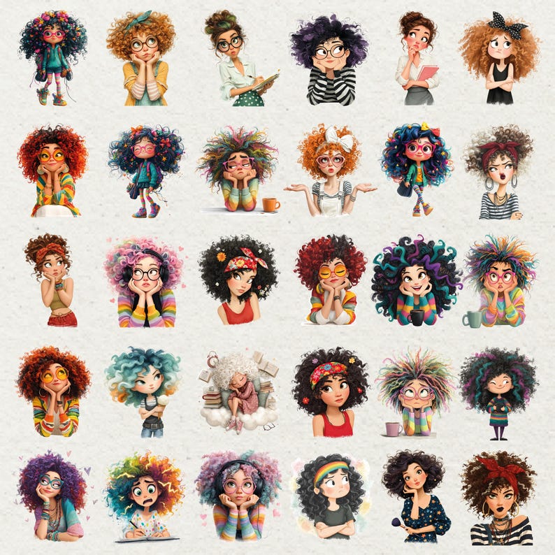 Peut inclure: Une collection d'illustrations color&eacute;es de femmes aux cheveux boucl&eacute;s, chacune avec des tenues et des expressions uniques. Certaines portent des lunettes et certaines tiennent des objets comme des tasses ou des stylos. Les illustrations ont un style de dessin anim&eacute;.