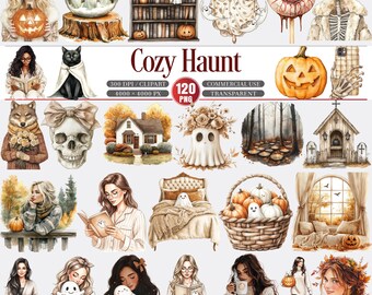May include: A collection of watercolor illustrations with a cozy autumn and Halloween theme. The images include pumpkins, ghosts, a black cat, a skull, a house, and women. The text "Cozy Haunt" is displayed in the center.