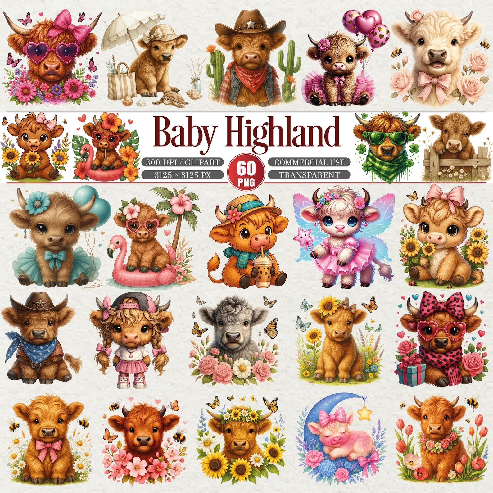 Baby Highland Cow Clipart Bundle 60 PNG Farm Animals - Etsy
