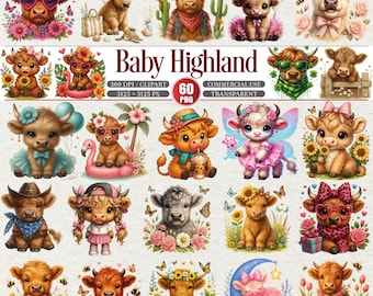 Baby Highland Cow Clipart Bundle 60 PNG Farm Animals