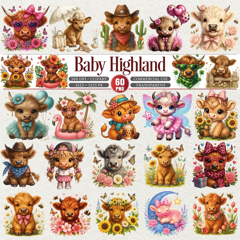 Baby Highland Cow Clipart Bundle 60 PNG Farm Animals - Etsy