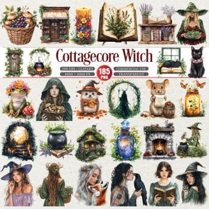 Może przedstawiać: Kolekcja sztuki cyfrowej z motywami cottagecore i witchy. Obraz zawiera ilustracje kosza z winogronami, świecy, książki, czarnego kota, żaby, jeża, myszy, butelki z eliksirem, kominka i kilku kobiet. Wyświetlany jest tekst "Cottagecore Witch".