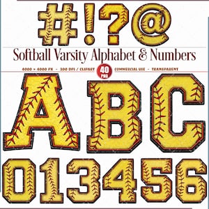 Ensemble de cliparts, chiffres de l'alphabet universitaire de softball, PNG