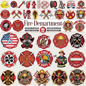 Pode incluir: Uma coleção de 85 gráficos e ilustrações com o tema bombeiros. As imagens incluem emblemas de bombeiros, retratos de bombeiros, machados, capacetes, carros de bombeiros e outros equipamentos relacionados. O texto "Fire Department" é exibido de forma proeminente.