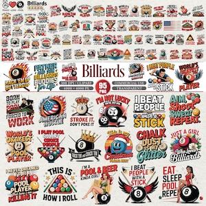 Könnte beinhalten: Eine Sammlung farbenfroher Grafiken zum Thema Billard. Die Designs enthalten Sätze wie „Ich schlage Leute mit einem Stock“ und „Essen, schlafen, Pool, wiederholen“. Geeignet für Kleidung und Accessoires.