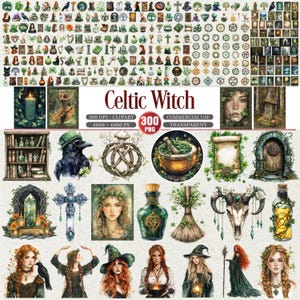 Może przedstawiać: Kolekcja akwarelowych ilustracji z motywem celtyckiej wiedźmy. Obrazy obejmują kruka, moździerz i tłuczek, miotłę czarownicy, czaszkę i portrety kobiet. Wyświetlany jest tekst "Celtic Witch".