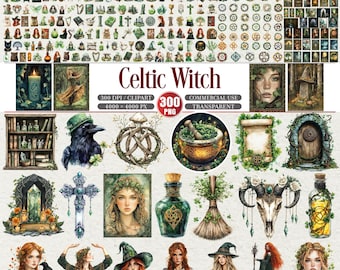 Celtic Witch Clipart Bundle Green Pagan Magic PNG Set