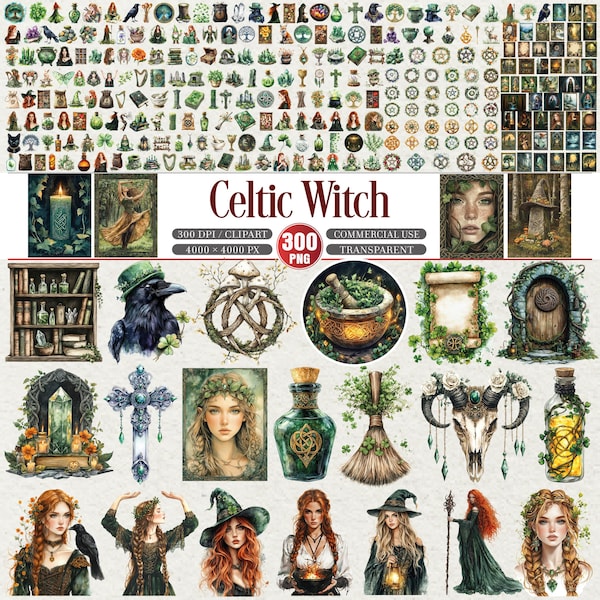 Celtic Witch Clipart Bundle Green Pagan Magic PNG Set