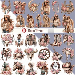 Puede incluir: Una colección digital de 85 archivos PNG con ilustraciones de temática del Oeste, que incluyen caballos, vaqueras, sombreros de vaquero, sillas de montar, cráneos con arreglos florales, cactus, guitarras y ruedas de carreta en tonos suaves.