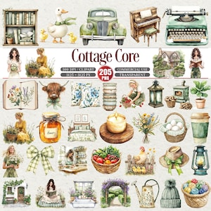 May include: Watercolor illustrations of cottagecore elements, including a green vintage car, a duck with ducklings, a piano, a typewriter, and a honey jar. The text "Cottage Core" is displayed.
