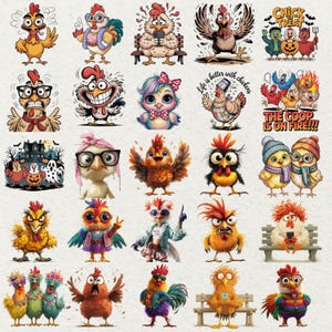 May include: A collection of cartoon chicken illustrations in various poses and styles. Some chickens wear glasses, hats, and clothing. Some images include text such as "Chick Treat" and "The Coop is on Fire!!!".