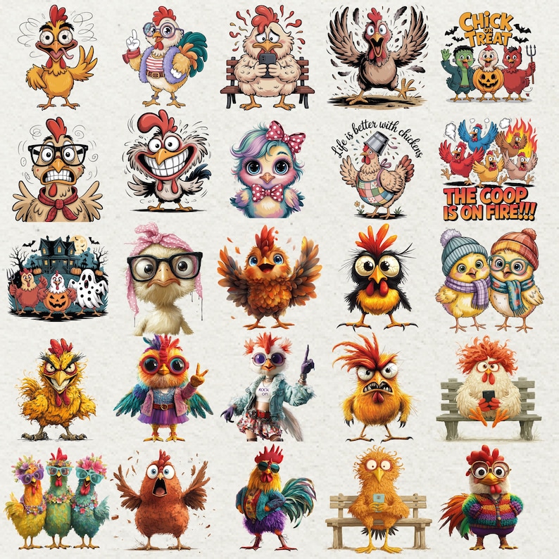 May include: A collection of cartoon chicken illustrations in various poses and styles. Some chickens wear glasses, hats, and clothing. Some images include text such as "Chick Treat" and "The Coop is on Fire!!!".