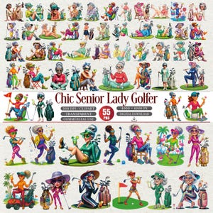 Op de afbeelding: Digitale clipartset met illustraties van stijlvolle senioren die golfen. De afbeeldingen tonen vrouwen in verschillende poses, die golfclubs vasthouden en van drankjes genieten. De tekst "Chic Senior Lady Golfer" is inbegrepen.