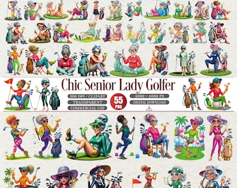 Clipart-set med golfspelare för äldre kvinnor | 55 PNG-illustrationer