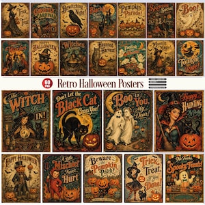 May include: A collection of twenty-six rectangular vintage-style Halloween posters featuring illustrations of witches, black cats, ghosts, pumpkins, and skeletons with text including Trick or Treat, Ghostly Carnival, and Happy Haunting.