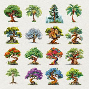 May include: A collection of 16 colorful tree illustrations. The trees vary in style, including palm trees, evergreens, and deciduous trees with vibrant foliage and unique shapes. Some trees feature houses built into their branches.