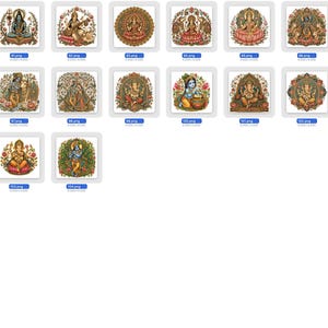 K&ouml;nnte beinhalten: Eine Sammlung von vierzehn quadratischen digitalen Illustrationen verschiedener hinduistischer Gottheiten wie Shiva, Saraswati, Lakshmi, Ganesha und Krishna, jeweils dargestellt mit komplizierten Blumenr&auml;ndern, leuchtenden Farben und detaillierten traditionellen Verzierungen.